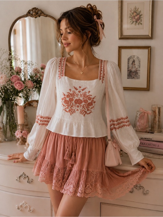 Universal Thread Tops - Universal Thread Embroidered Peplum Blouse | Coquette Cottagecore Romantic Top